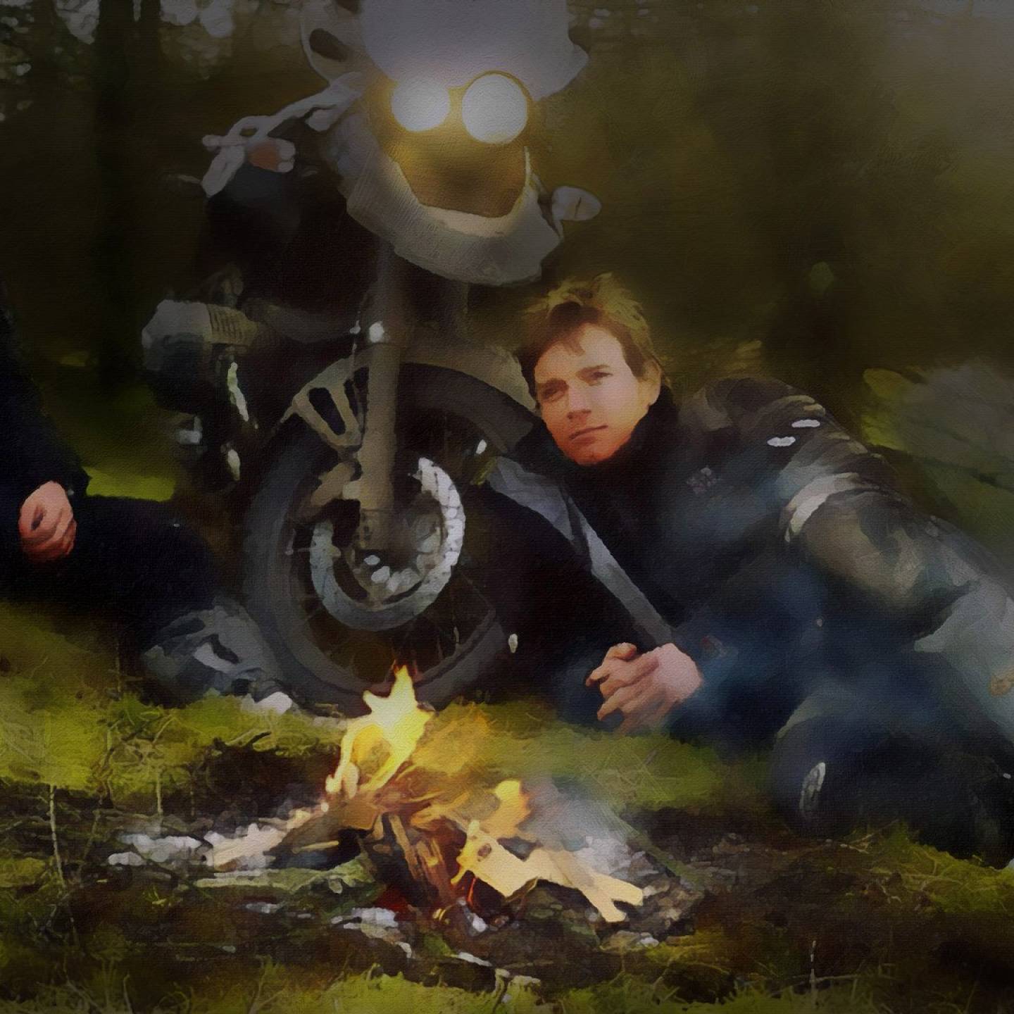 Watercolor of Ewan McGregor and Charley Boorman by a campfire